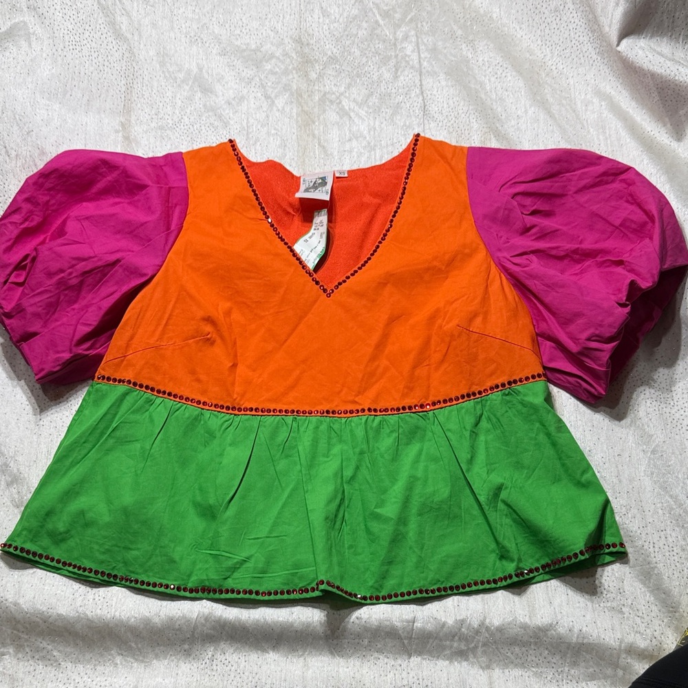 QUEEN OF SPARKLES Orange, Pink & Green Colorblock Peplum Top